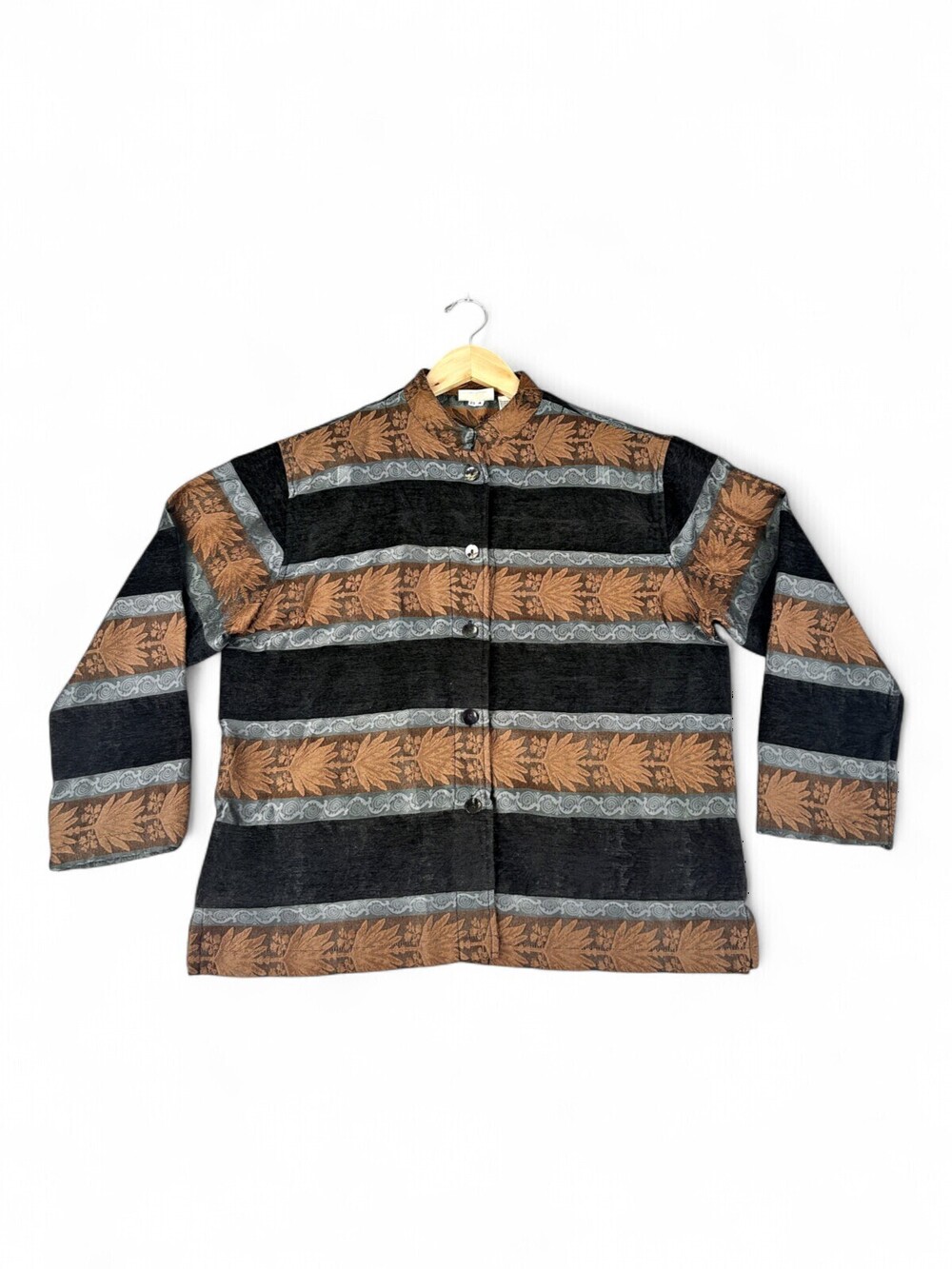 Chico's Designs Button-Down Jacket Top Brown Black Leaf Stripe Size 2